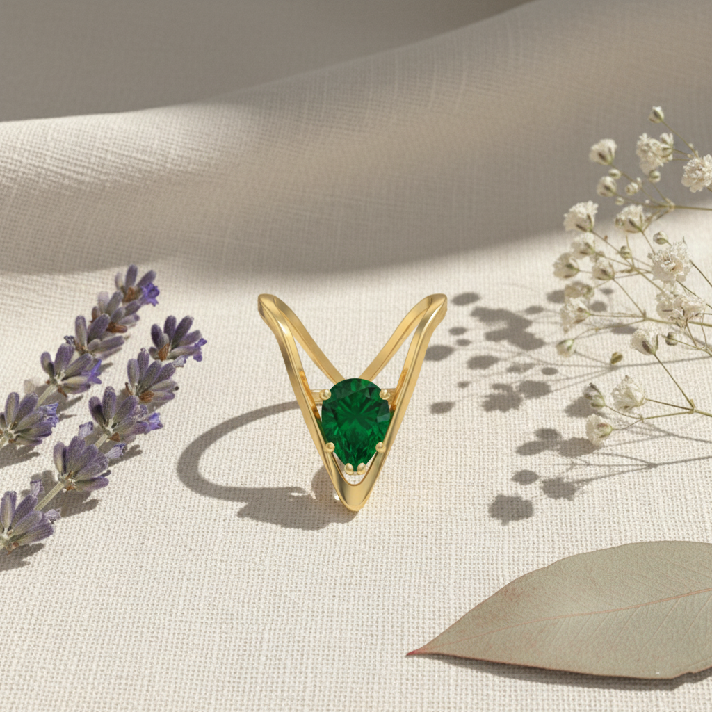 18K Gold Plated Emerald Green Soltaire V Ring