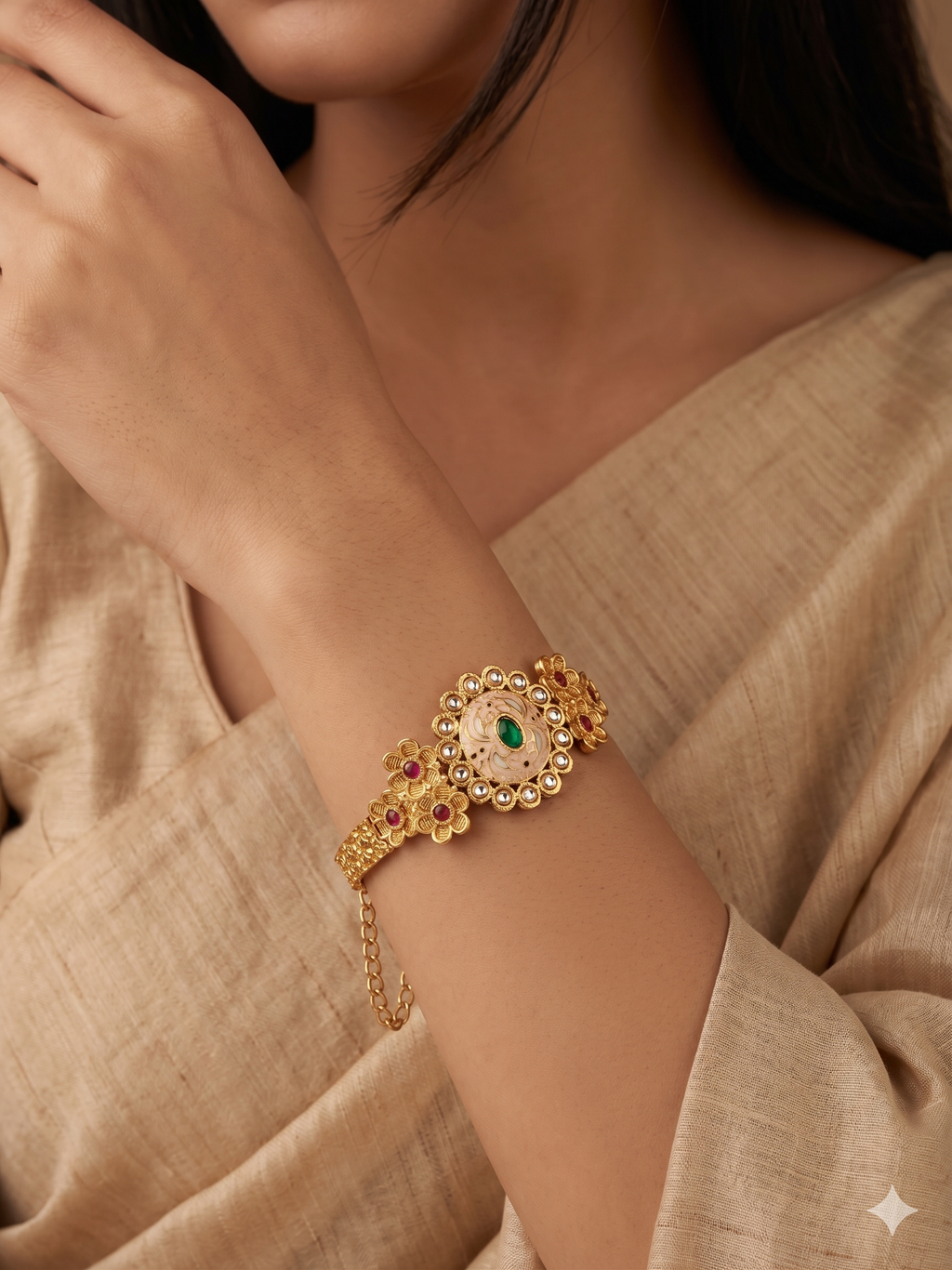 Traditional Meenakari Bangle With Emerald And Polki Accents