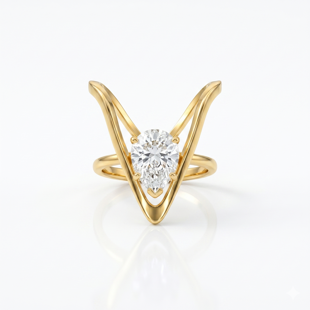 18K Gold Plated Emerald Green Soltaire V Ring