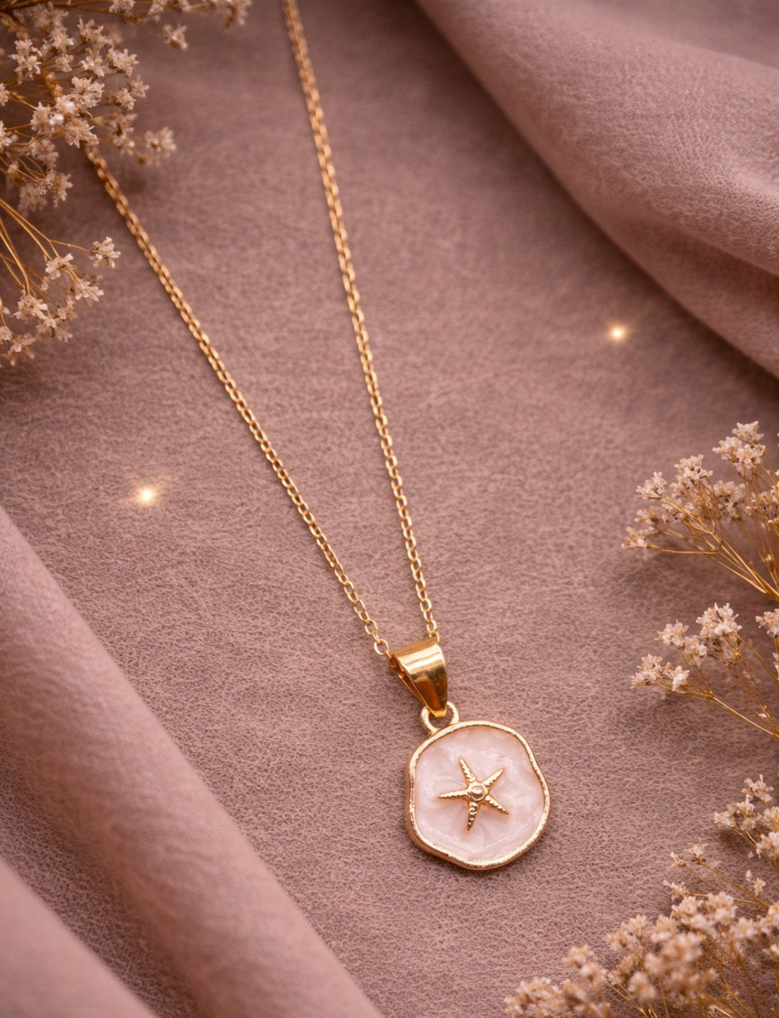 Gold Starfish Pendant Necklace With Pinkshell